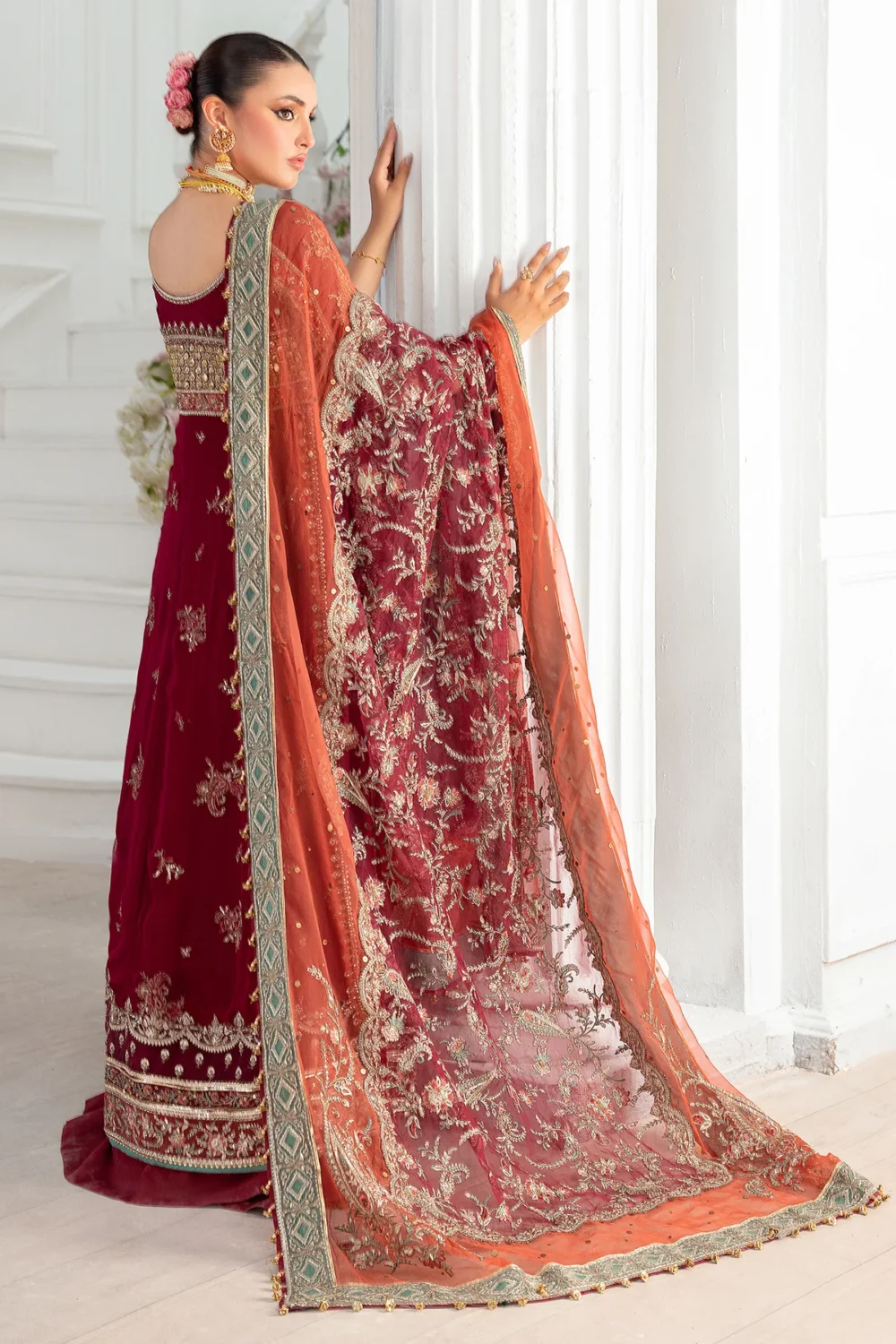 Charizma DD5-03 unstitched chiffon suit with embroidered panels, adda work, organza dupatta, and raw silk trouser – Diamond Dust Collection 2025 dupatta design