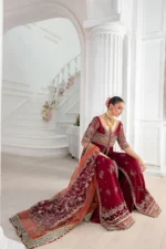 Charizma DD5-03 unstitched chiffon suit with embroidered panels, adda work, organza dupatta, and raw silk trouser – Diamond Dust Collection 2025 neck design