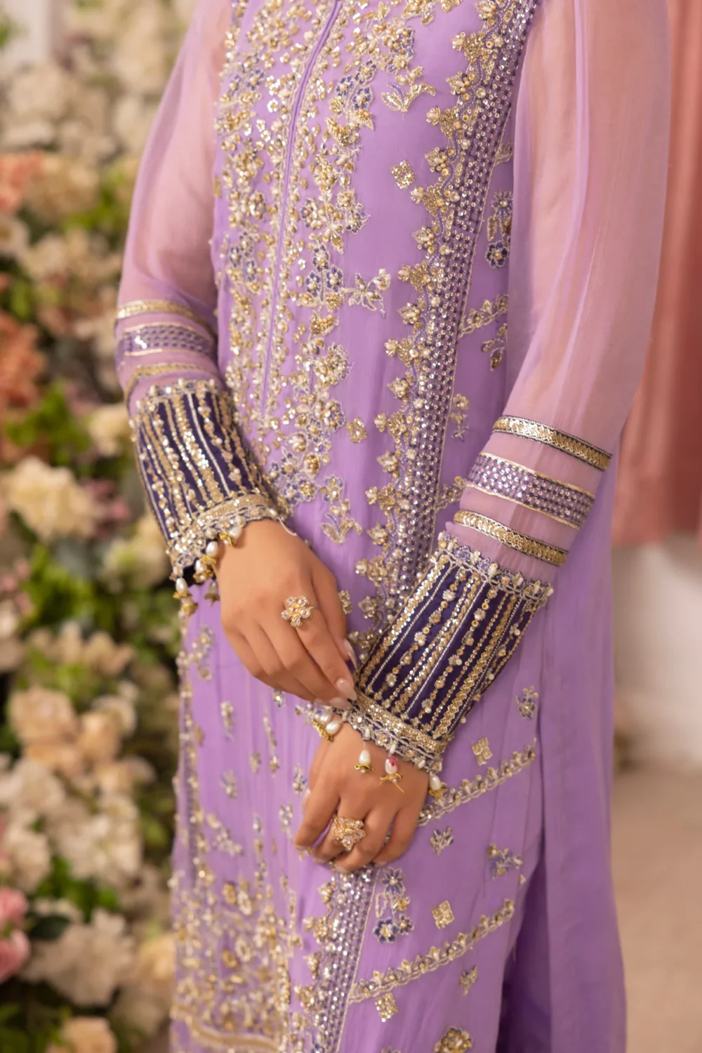 Charizma DD5-05 unstitched chiffon suit with adda work embroidery, organza dupatta, and dyed raw silk trouser – Diamond Dust Collection 2025 sleeve design