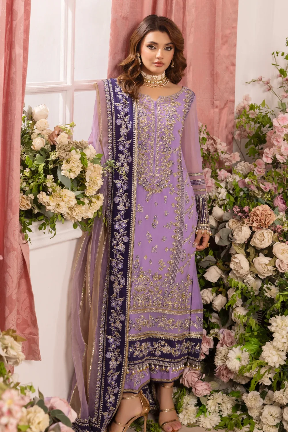 Charizma DD5-05 unstitched chiffon suit with adda work embroidery, organza dupatta, and dyed raw silk trouser – Diamond Dust Collection 2025 front