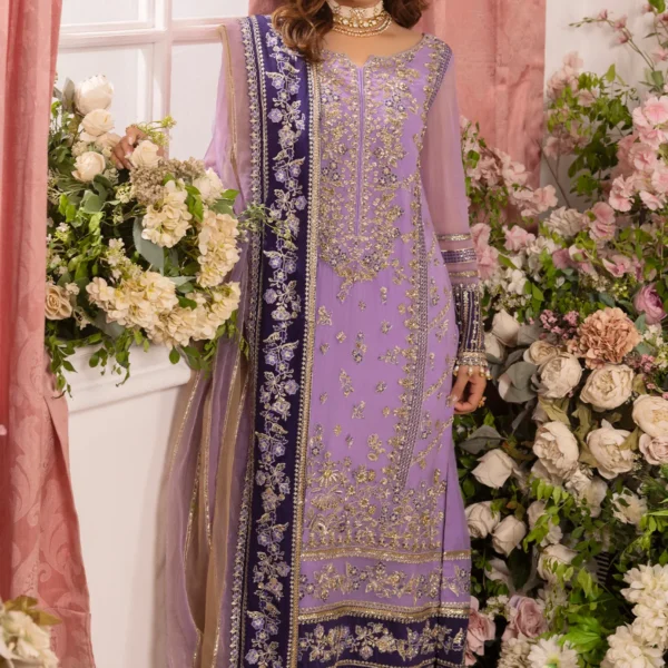 Charizma DD5-05 unstitched chiffon suit with adda work embroidery, organza dupatta, and dyed raw silk trouser – Diamond Dust Collection 2025 front