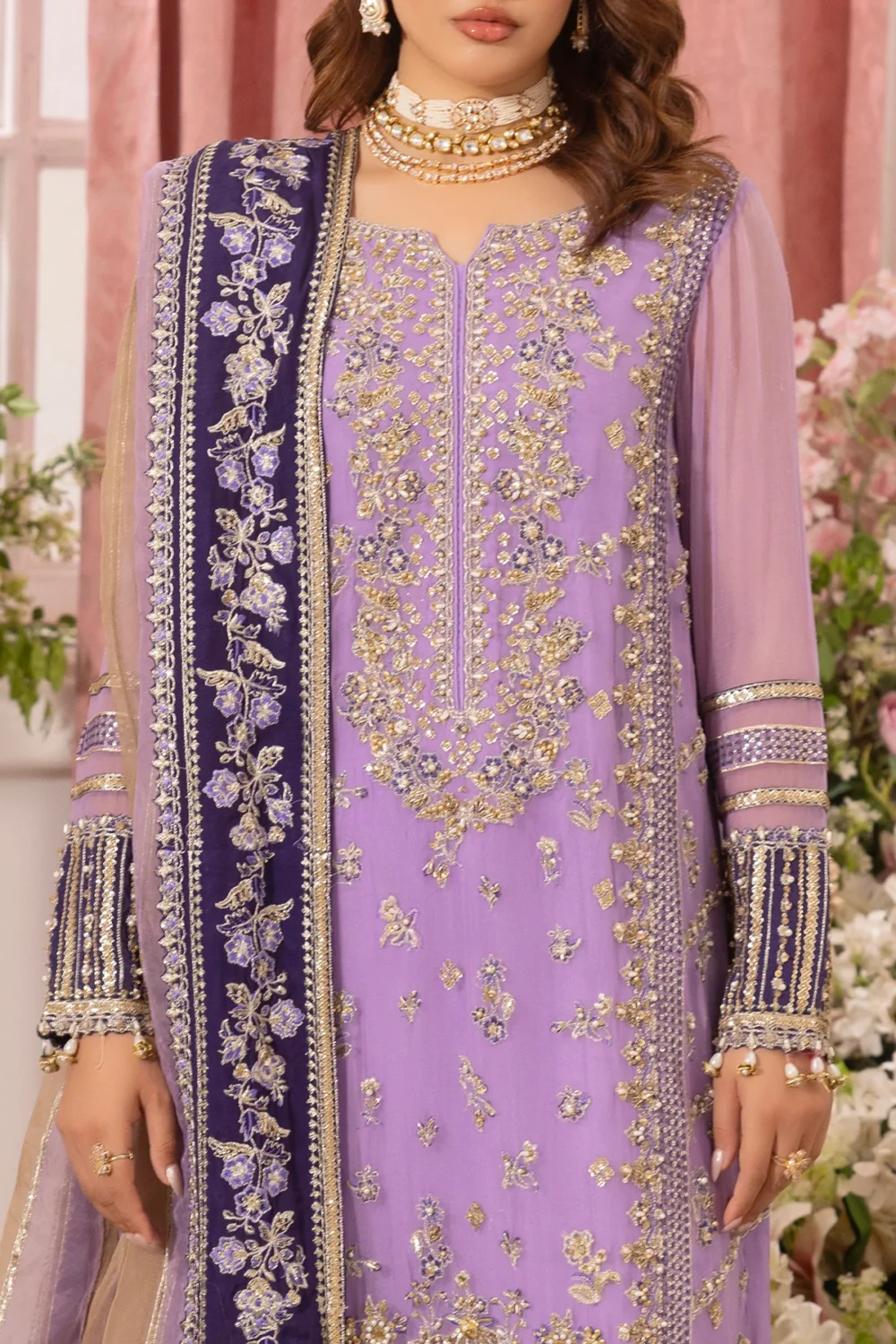 Charizma DD5-05 unstitched chiffon suit with adda work embroidery, organza dupatta, and dyed raw silk trouser – Diamond Dust Collection 2025 neck with sleeves design