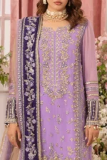 Charizma DD5-05 unstitched chiffon suit with adda work embroidery, organza dupatta, and dyed raw silk trouser – Diamond Dust Collection 2025 neck with sleeves design