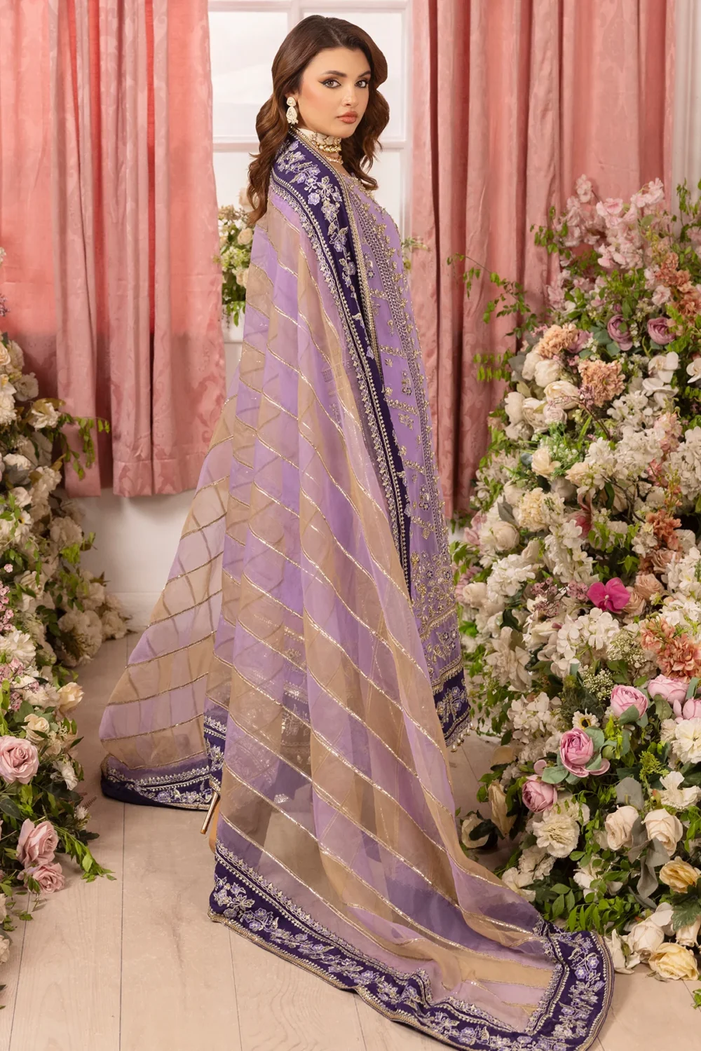 Charizma DD5-05 unstitched chiffon suit with adda work embroidery, organza dupatta, and dyed raw silk trouser – Diamond Dust Collection 2025 Dupatta design