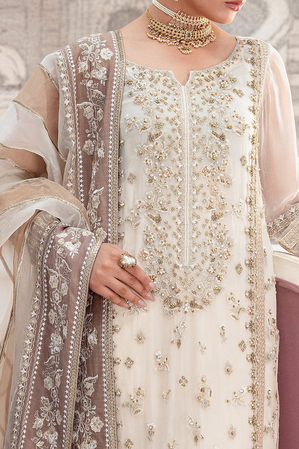 Charizma DD5-07 unstitched chiffon suit with adda embroidery, organza dupatta, and dyed raw silk trouser – Diamond Dust Collection 2025