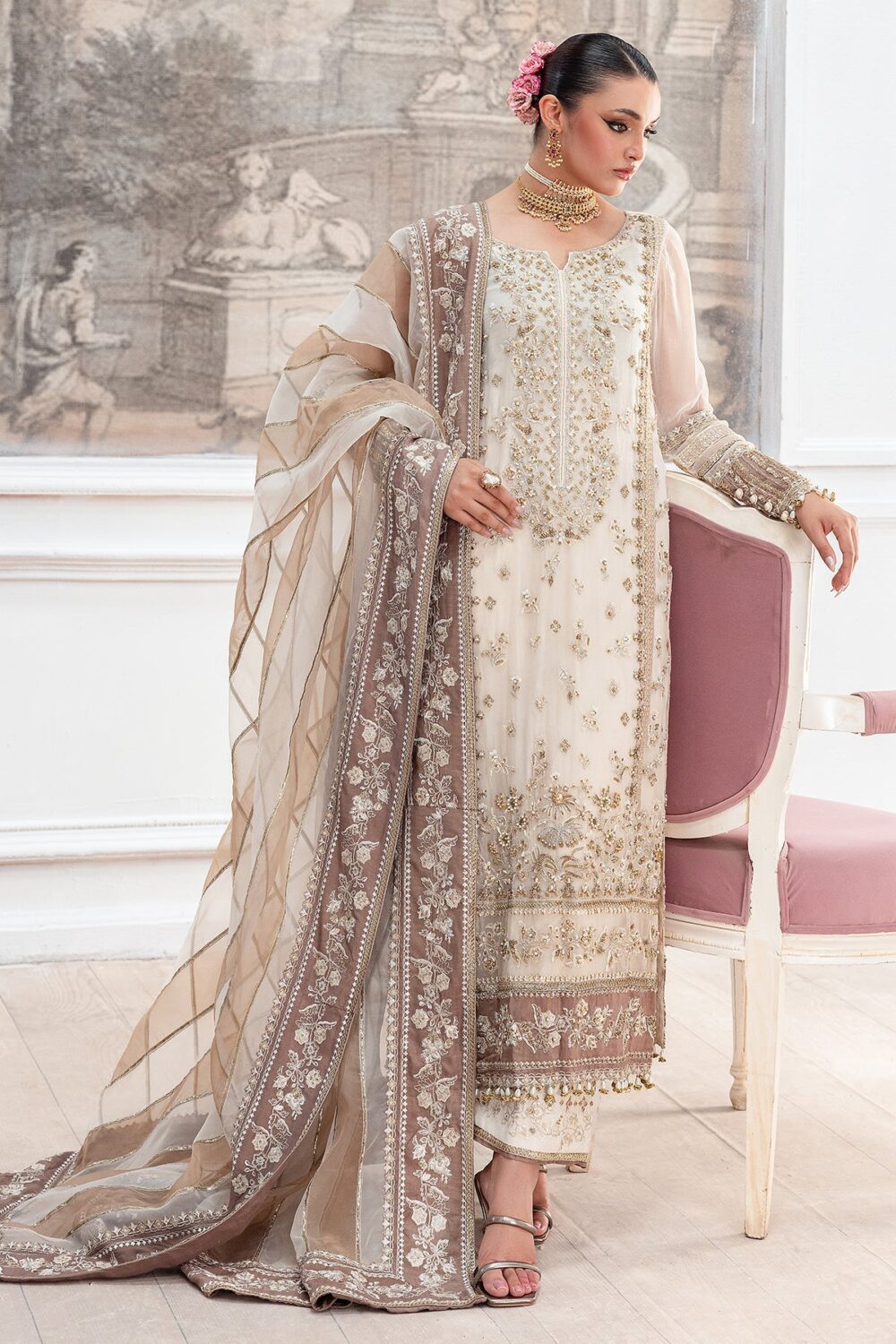 Charizma DD5-07 unstitched chiffon suit with adda embroidery, organza dupatta, and dyed raw silk trouser – Diamond Dust Collection 2025 front image