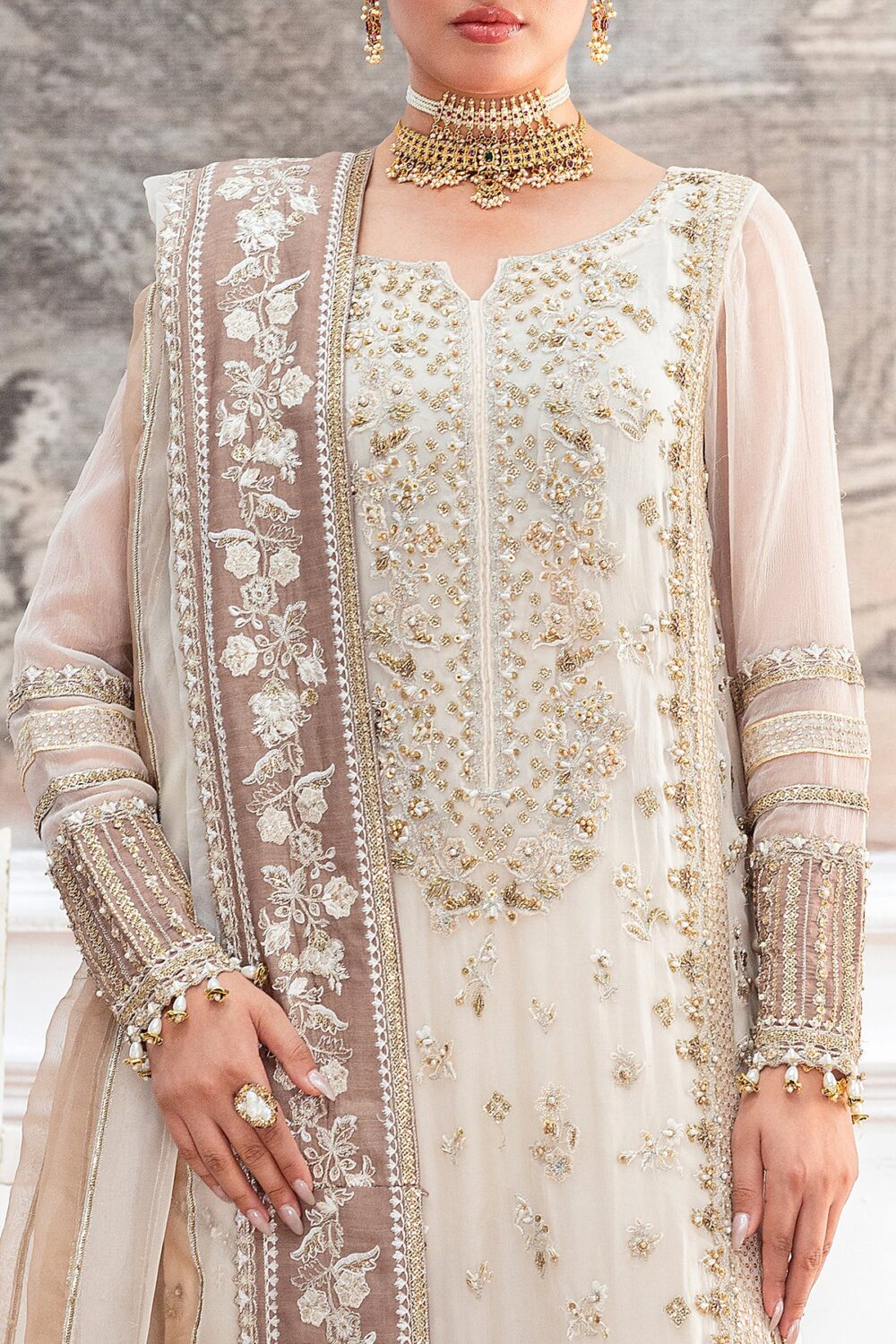 Charizma DD5-07 unstitched chiffon suit with adda embroidery, organza dupatta, and dyed raw silk trouser – Diamond Dust Collection 2025 Neck design