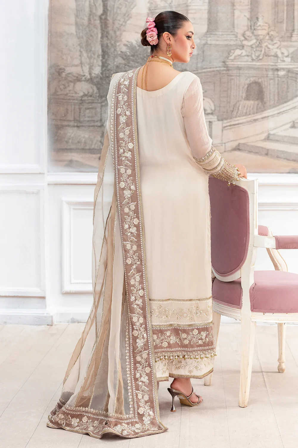 Charizma DD5-07 unstitched chiffon suit with adda embroidery, organza dupatta, and dyed raw silk trouser – Diamond Dust Collection 2025 back side