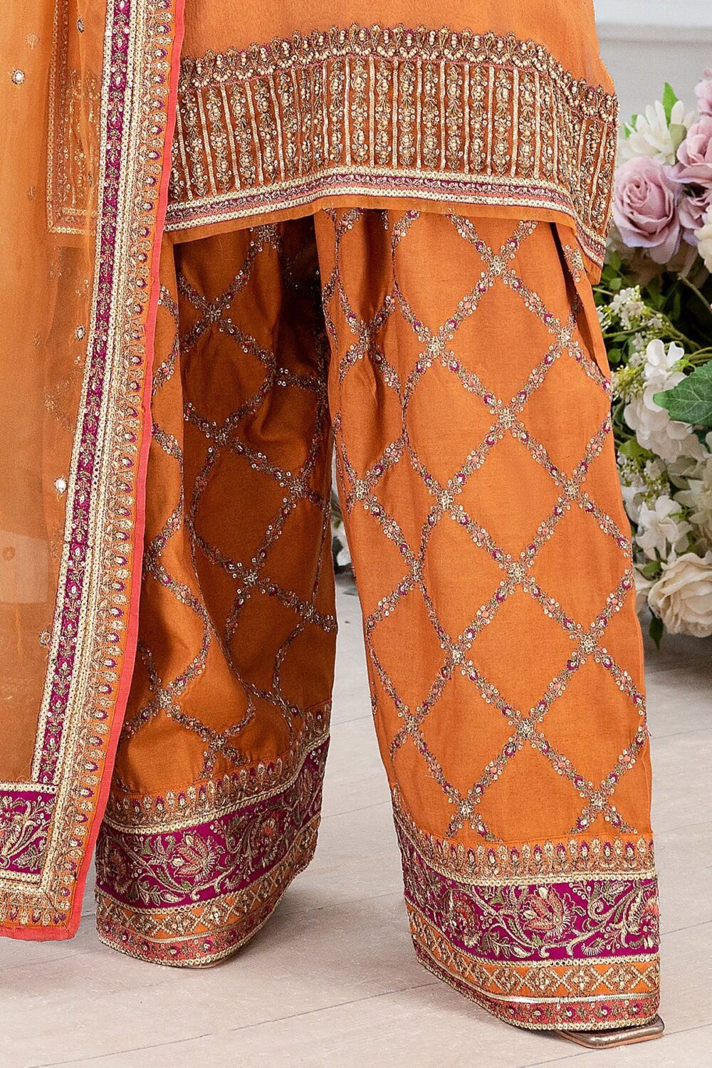 Charizma DD5-06 unstitched chiffon suit with embroidery, adda work, organza dupatta, and raw silk trouser – Diamond Dust Collection 2025