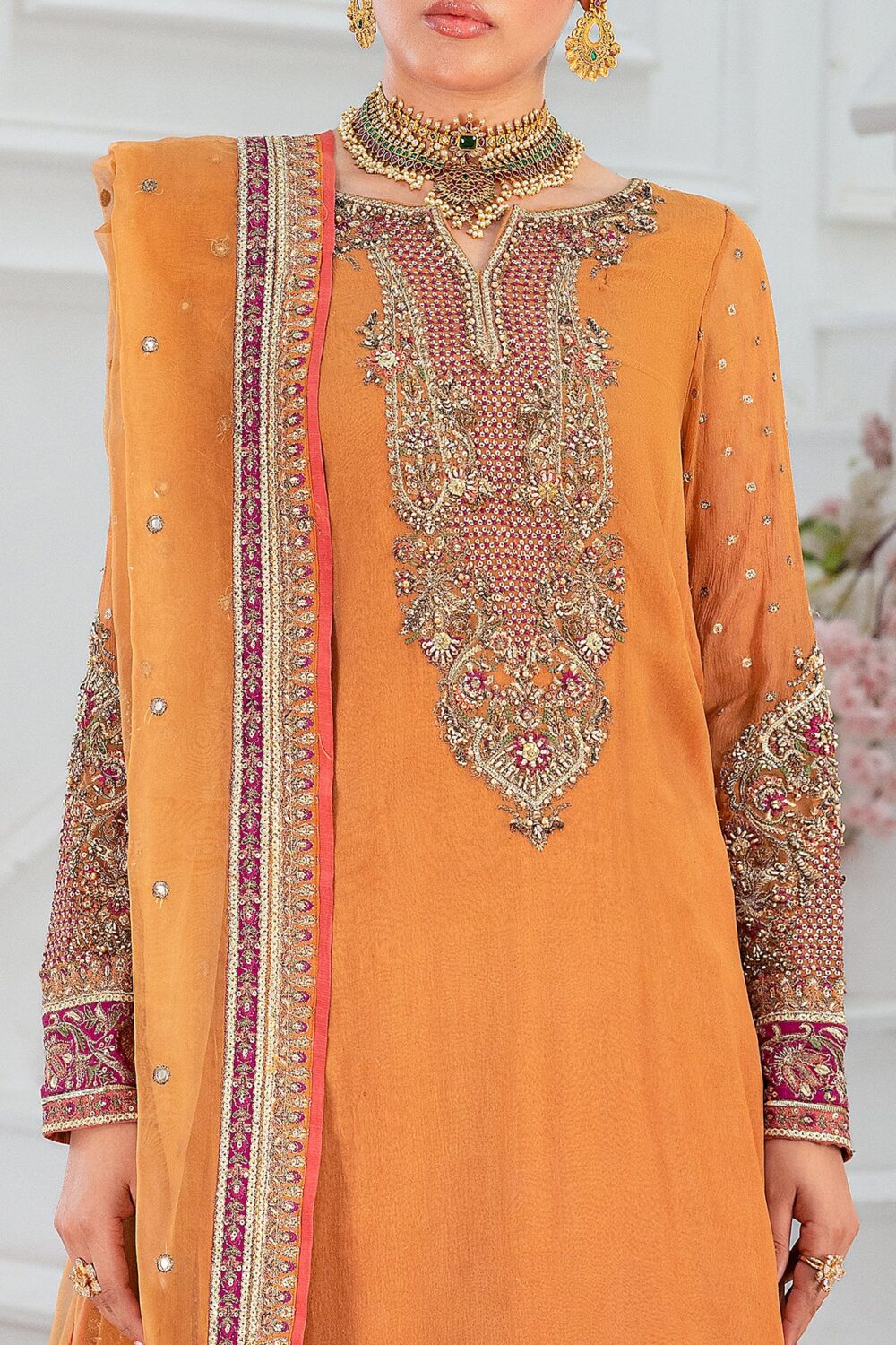 Charizma DD5-06 unstitched chiffon suit with embroidery, adda work, organza dupatta, and raw silk trouser – Diamond Dust Collection 2025
