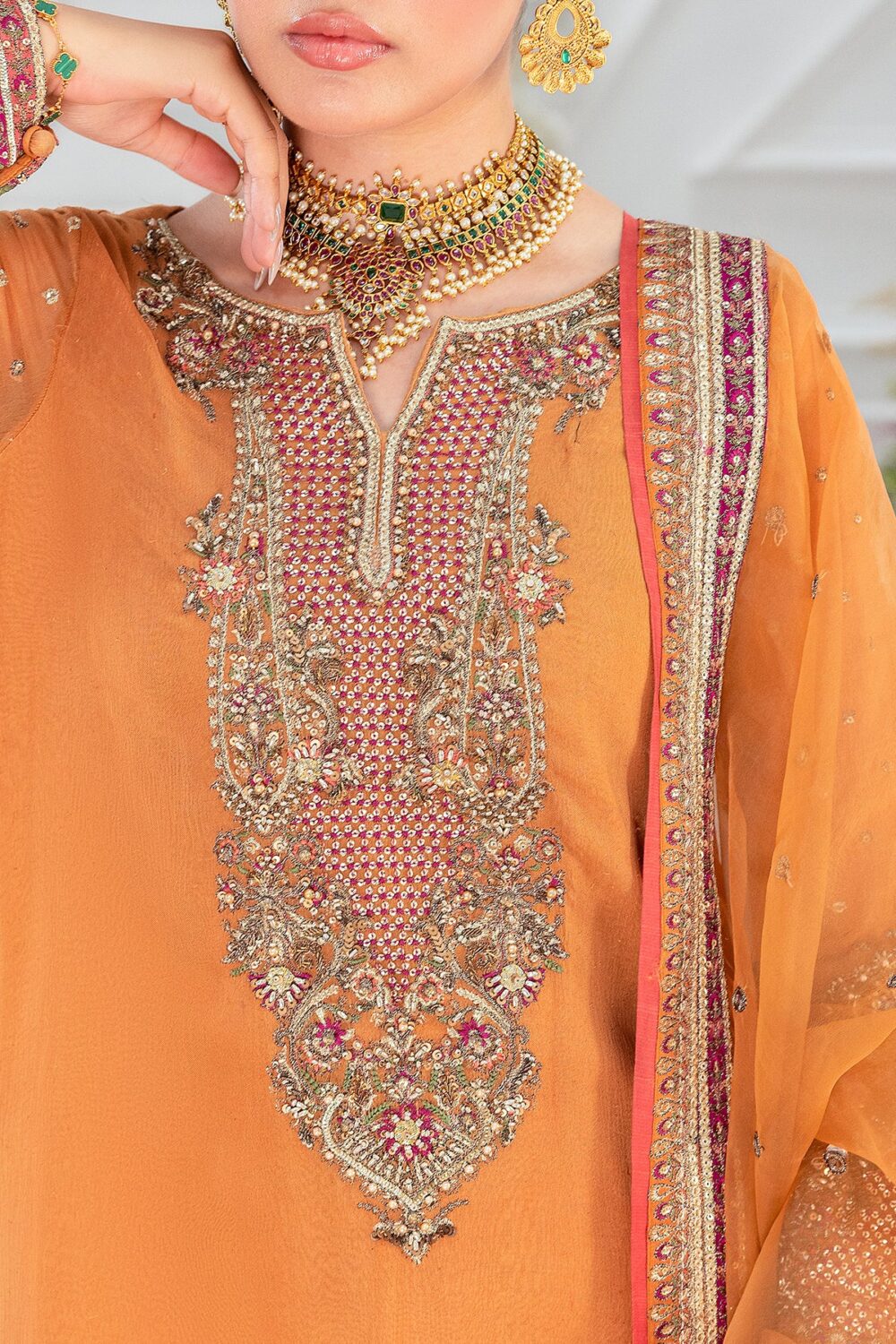 Charizma DD5-06 unstitched chiffon suit with embroidery, adda work, organza dupatta, and raw silk trouser – Diamond Dust Collection 2025