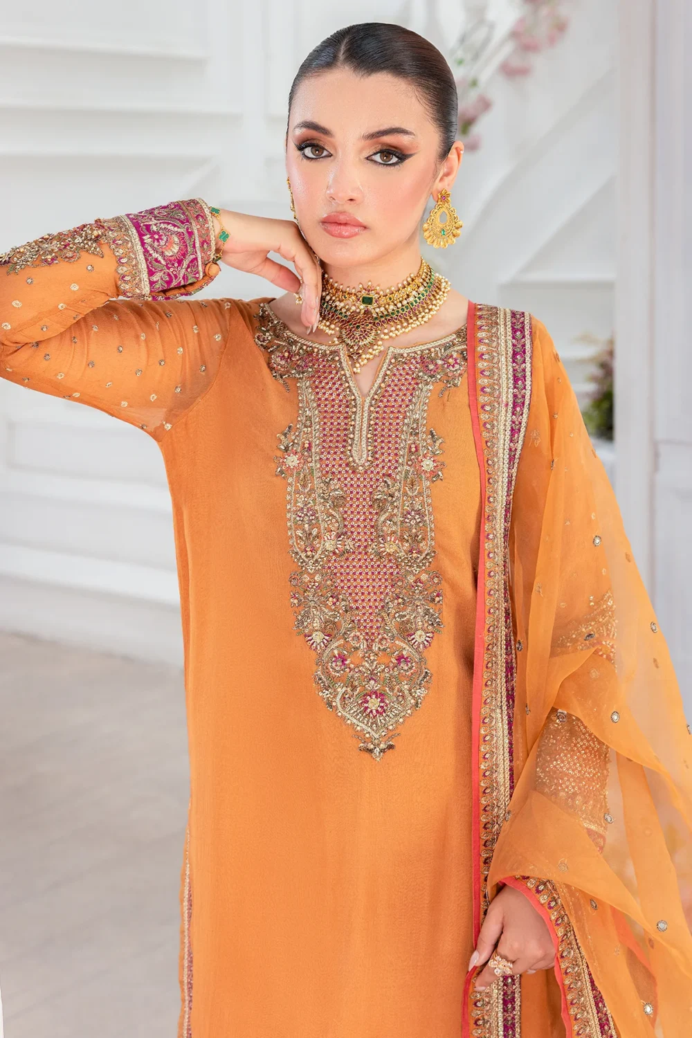Charizma DD5-06 unstitched chiffon suit with embroidery, adda work, organza dupatta, and raw silk trouser – Diamond Dust Collection 2025