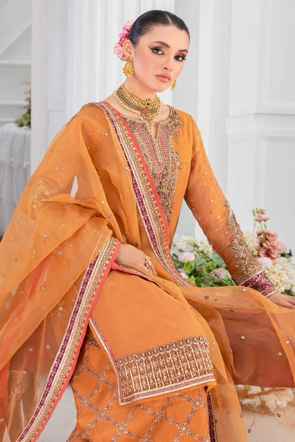 Charizma DD5-06 unstitched chiffon suit with embroidery, adda work, organza dupatta, and raw silk trouser – Diamond Dust Collection 2025