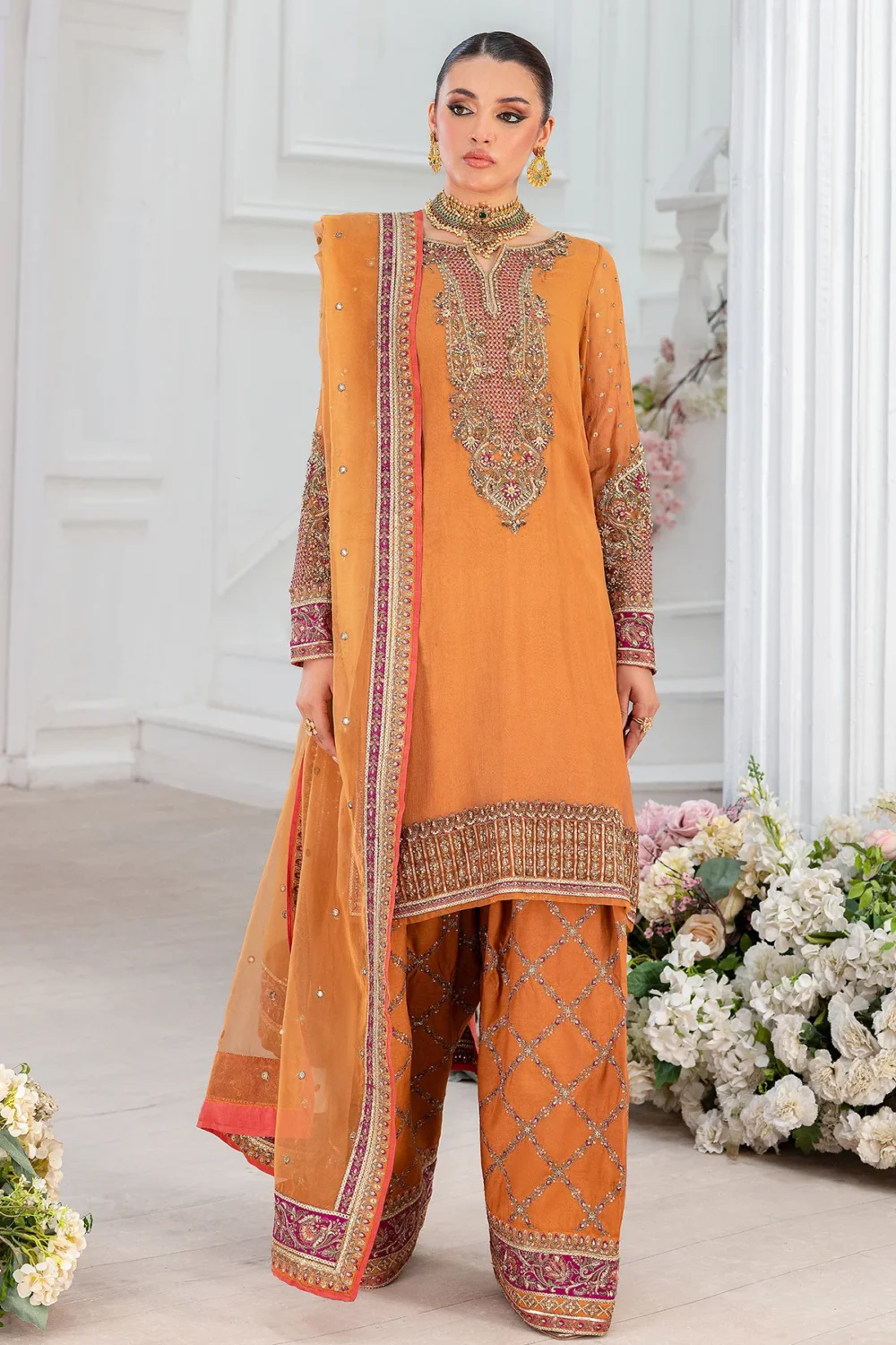 Charizma DD5-06 unstitched chiffon suit with embroidery, adda work, organza dupatta, and raw silk trouser – Diamond Dust Collection 2025