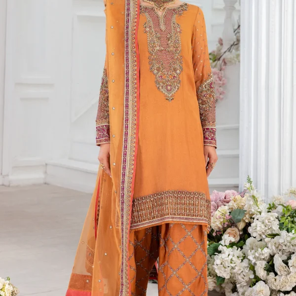 Charizma DD5-06 unstitched chiffon suit with embroidery, adda work, organza dupatta, and raw silk trouser – Diamond Dust Collection 2025