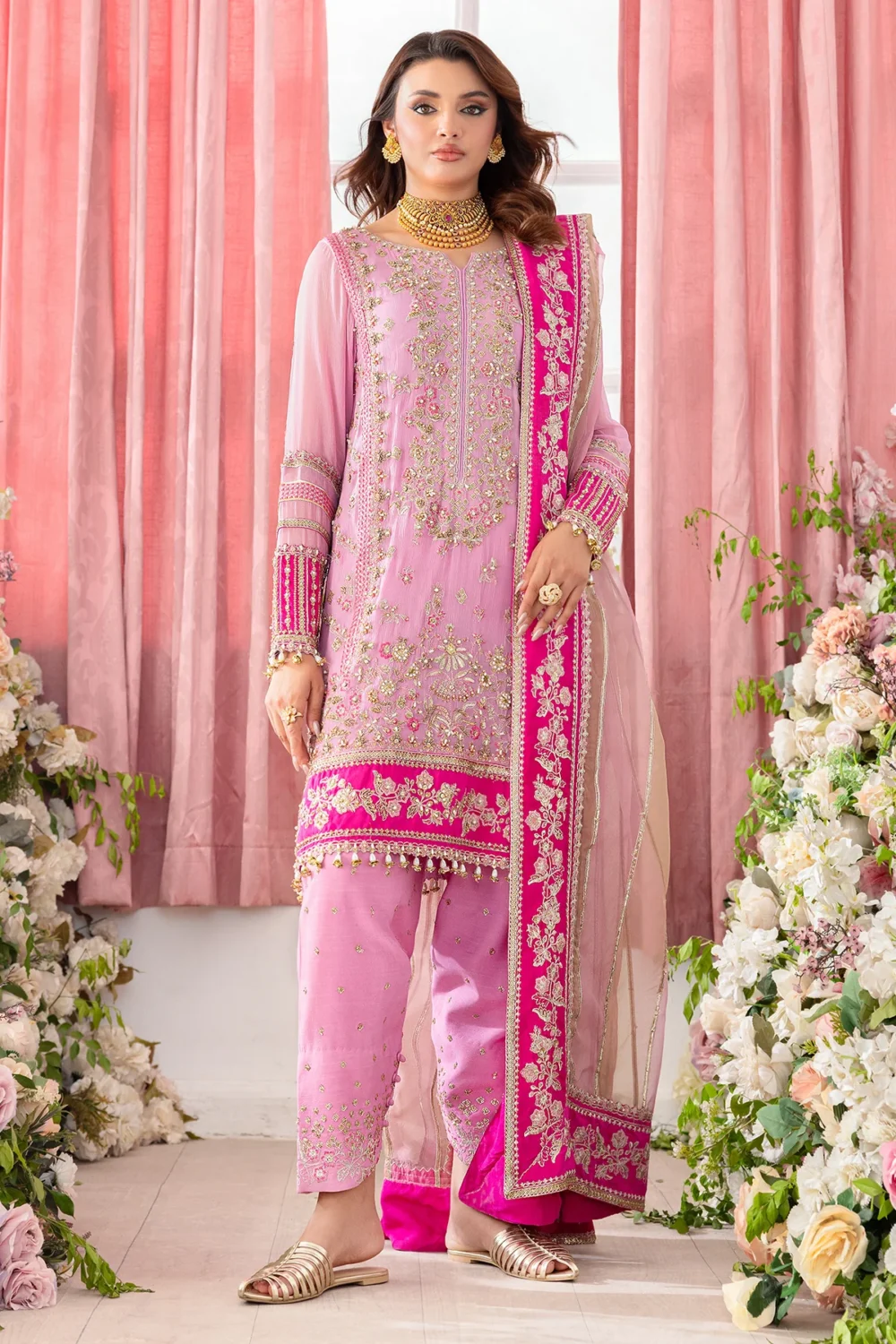 Charizma diamon dust embroidered chiffon | dd501, 3-piece Pakistani designer chiffon suits in the UK- Zee Collections. FRONT