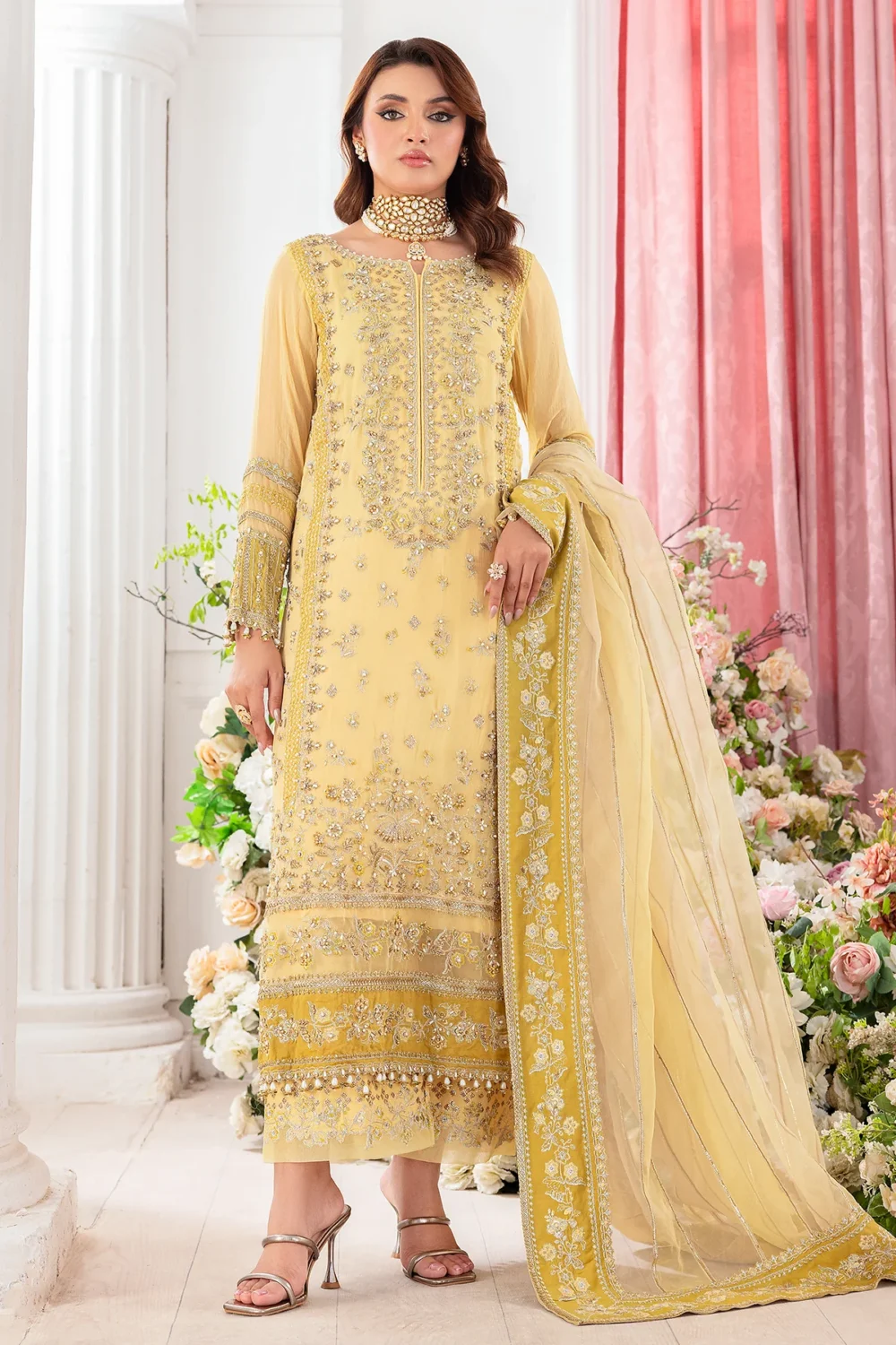 Charizma diamon dust embroidered chiffon | dd502, yellow, 3-piece Pakistani designer chiffon suits in the UK- Zee Collections. FRONT