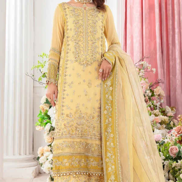 Charizma diamon dust embroidered chiffon | dd502, yellow, 3-piece Pakistani designer chiffon suits in the UK- Zee Collections. FRONT