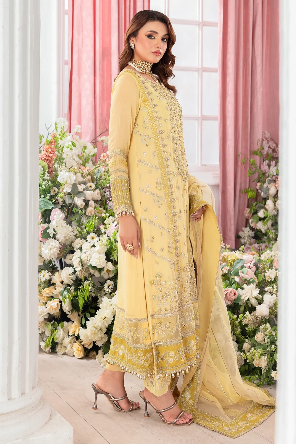 Charizma diamon dust embroidered chiffon | dd502, yellow, 3-piece Pakistani designer chiffon suits in the UK- Zee Collections. FRONT