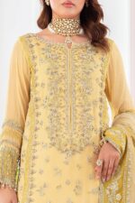 Charizma diamon dust embroidered chiffon | dd502, yellow, 3-piece Pakistani designer chiffon suits in the UK- Zee Collections. FRONt neck