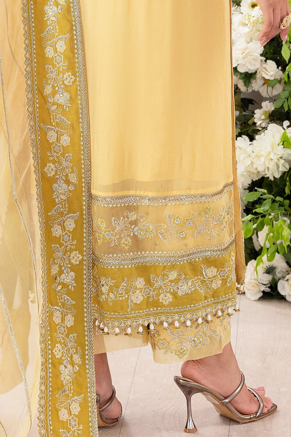 Charizma diamon dust embroidered chiffon | dd502, yellow, 3-piece Pakistani designer chiffon suits in the UK- Zee Collections. FRONT daman border