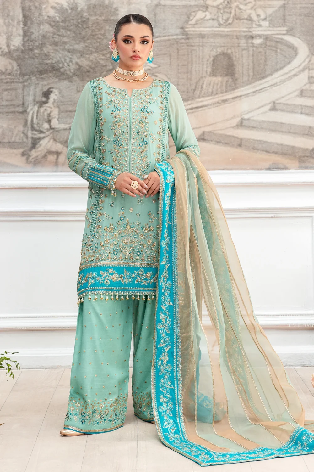Charizma DD5-07 unstitched chiffon suit with embroidered shirt, organza dupatta, and dyed raw silk trouser – Diamond Dust Collection 2025 Great look image