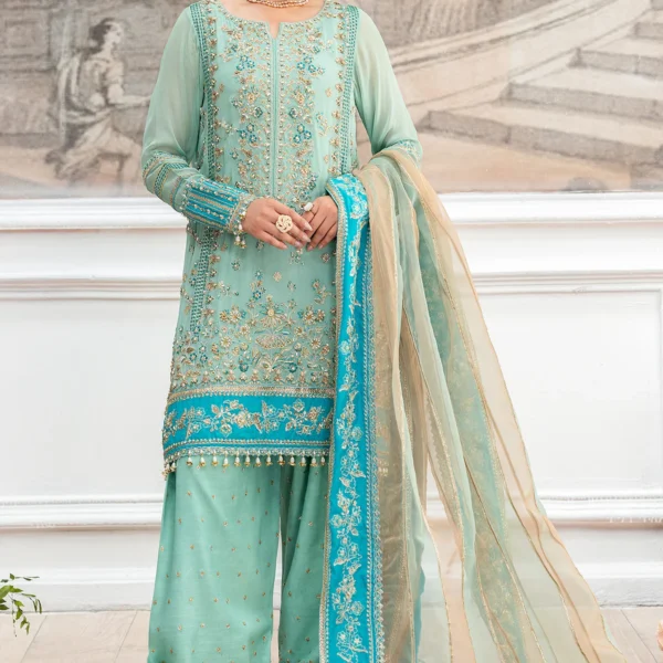 Charizma DD5-07 unstitched chiffon suit with embroidered shirt, organza dupatta, and dyed raw silk trouser – Diamond Dust Collection 2025 Great look image