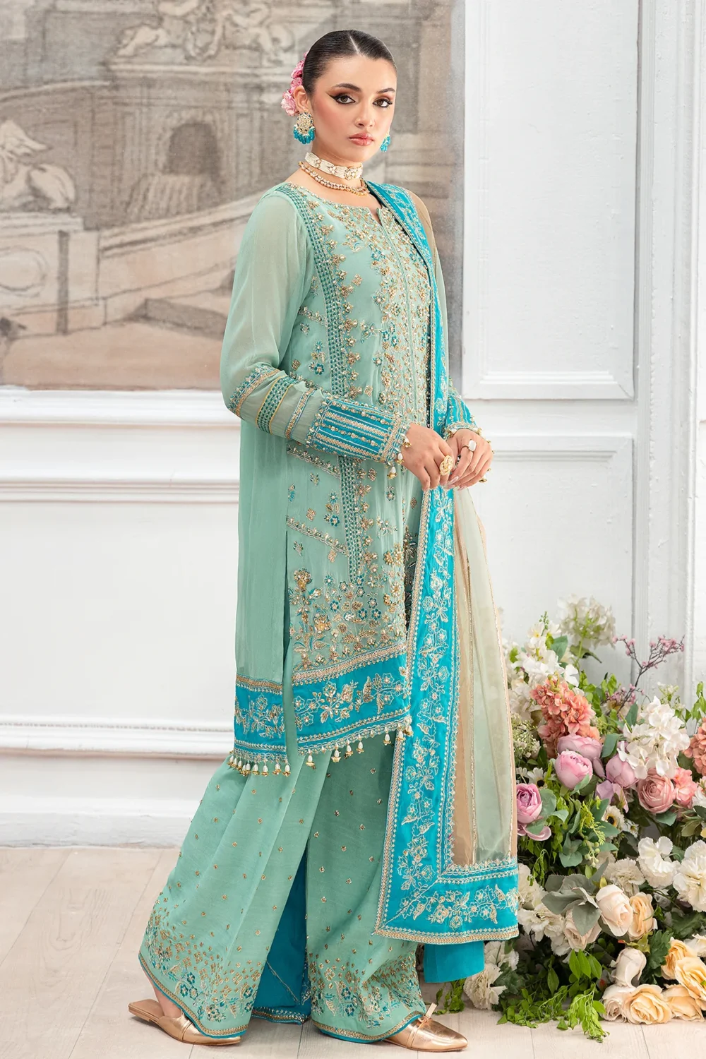 Charizma DD5-07 unstitched chiffon suit with embroidered shirt, organza dupatta, and dyed raw silk trouser – Diamond Dust Collection 2025