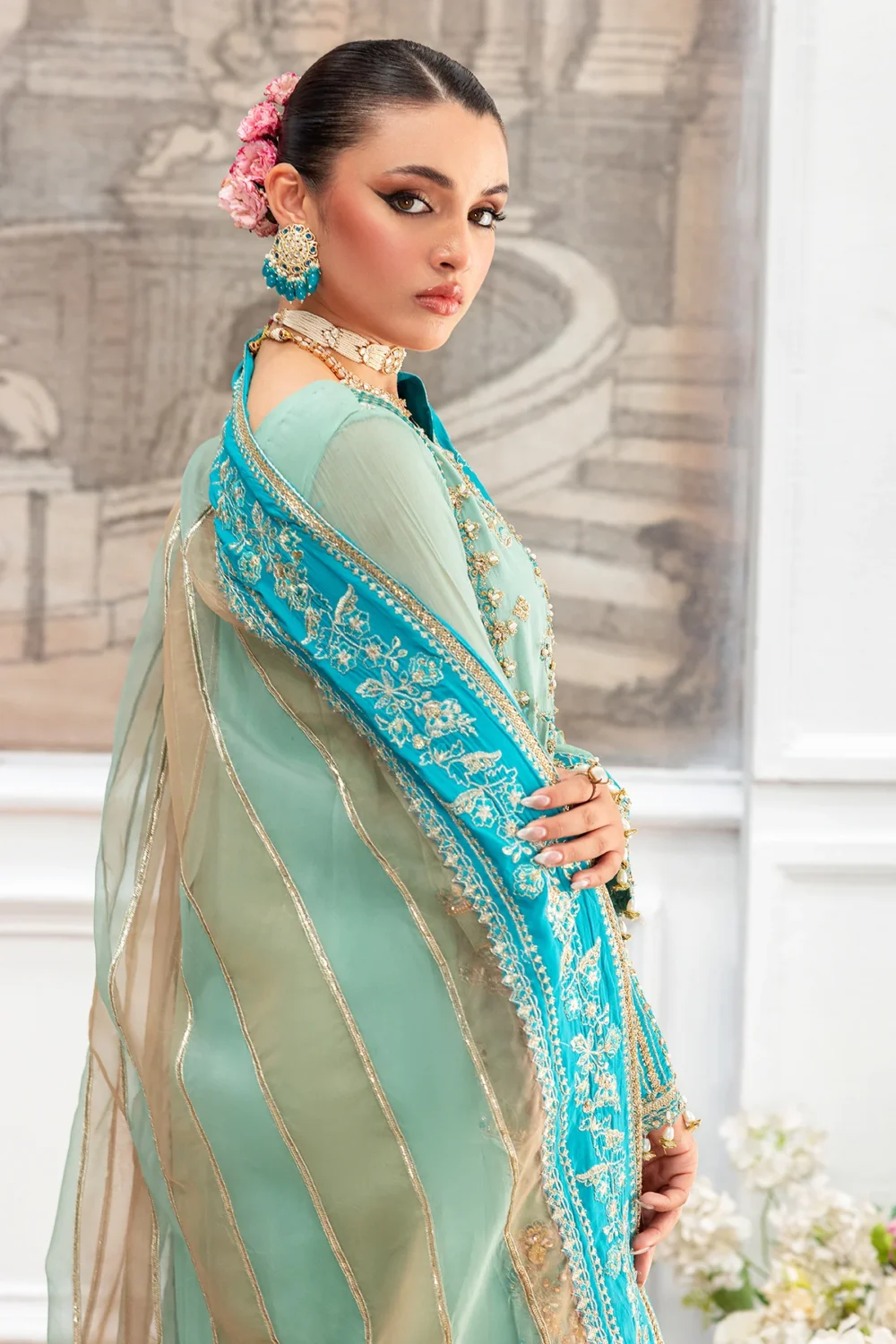 Charizma DD5-07 unstitched chiffon suit with embroidered shirt, organza dupatta, and dyed raw silk trouser – Diamond Dust Collection 2025 Dupatta design
