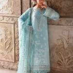 Nureh Maya Lawn Jacquard NJ-102 in soft blue with intricate embroidery and chiffon dupatta, full suit