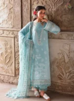 Nureh Maya Lawn Jacquard NJ-102 in soft blue with intricate embroidery and chiffon dupatta, full suit