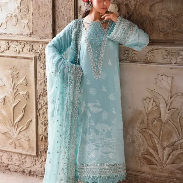Nureh Maya Lawn Jacquard NJ-102 in soft blue with intricate embroidery and chiffon dupatta, full suit