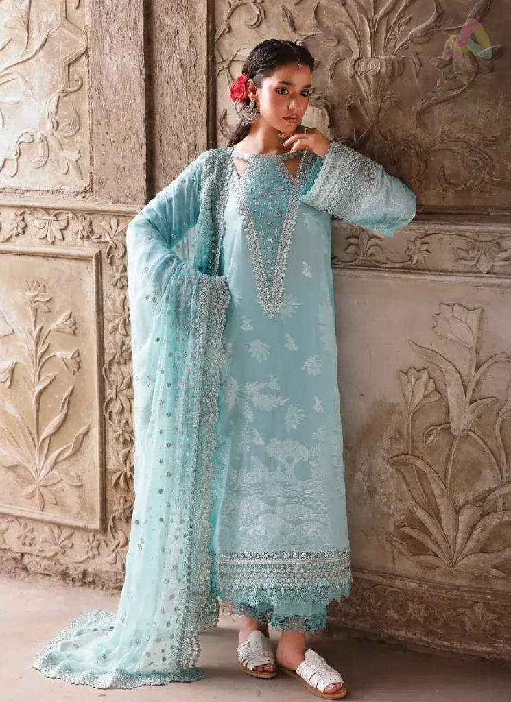 Nureh Maya Lawn Jacquard NJ-102 in soft blue with intricate embroidery and chiffon dupatta, full suit