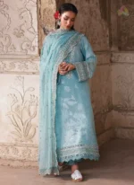 Nureh Maya Lawn Jacquard NJ-102 in soft blue with intricate embroidery and chiffon dupatta, front