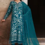 Nureh Maya Lawn Jacquard NJ-101 in turquoise with embroidery and chiffon dupatta. full suit