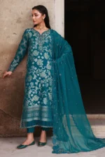 Nureh Maya Lawn Jacquard NJ-101 in turquoise with embroidery and chiffon dupatta. full suit