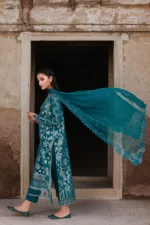 Nureh Maya Lawn Jacquard NJ-101 in turquoise with embroidery and chiffon dupatta. side look