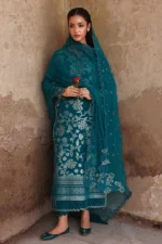 Nureh Maya Lawn Jacquard NJ-101 in turquoise with embroidery and chiffon dupatta. front