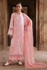 Nureh Maya Lawn Jacquard NJ-103 in soft pink with intricate embroidery and chiffon dupatta. full suit