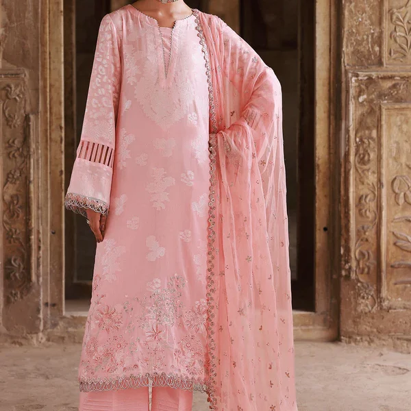 Nureh Maya Lawn Jacquard NJ-103 in soft pink with intricate embroidery and chiffon dupatta. full suit