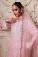 Nureh Maya Lawn Jacquard NJ-103 in soft pink with intricate embroidery and chiffon dupatta. shirt front design