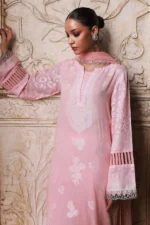 Nureh Maya Lawn Jacquard NJ-103 in soft pink with intricate embroidery and chiffon dupatta. shirt neck & sleeves design