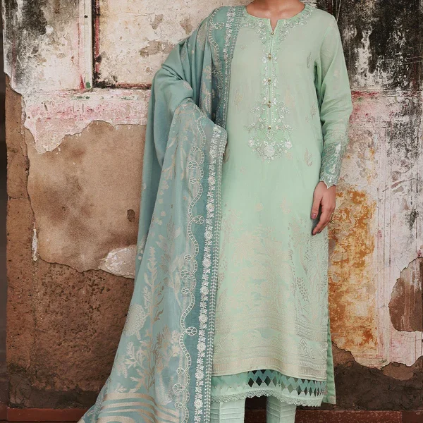 Nureh Maya Lawn Jacquard NJ-104 with embroidered jacquard shirt, lawn jacquard dupatta, and dyed cotton trouser, full suit