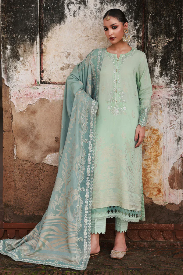 Nureh Maya Lawn Jacquard NJ-104 with embroidered jacquard shirt, lawn jacquard dupatta, and dyed cotton trouser, full suit