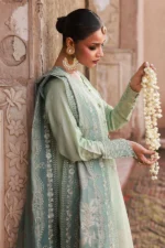 Nureh Maya Lawn Jacquard NJ-104 with embroidered jacquard shirt, lawn jacquard dupatta, and dyed cotton trouser, sleeves embroidery