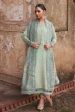 Nureh Maya Lawn Jacquard NJ-104 with embroidered jacquard shirt, lawn jacquard dupatta, and dyed cotton trouser, front suit
