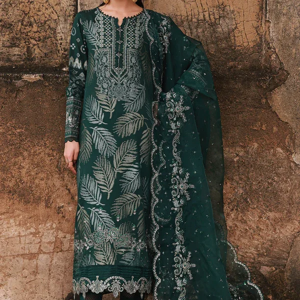 Nureh Maya Lawn Jacquard NJ-105 in dark green with embroidered jacquard shirt, organza dupatta, and cotton trouser. full style
