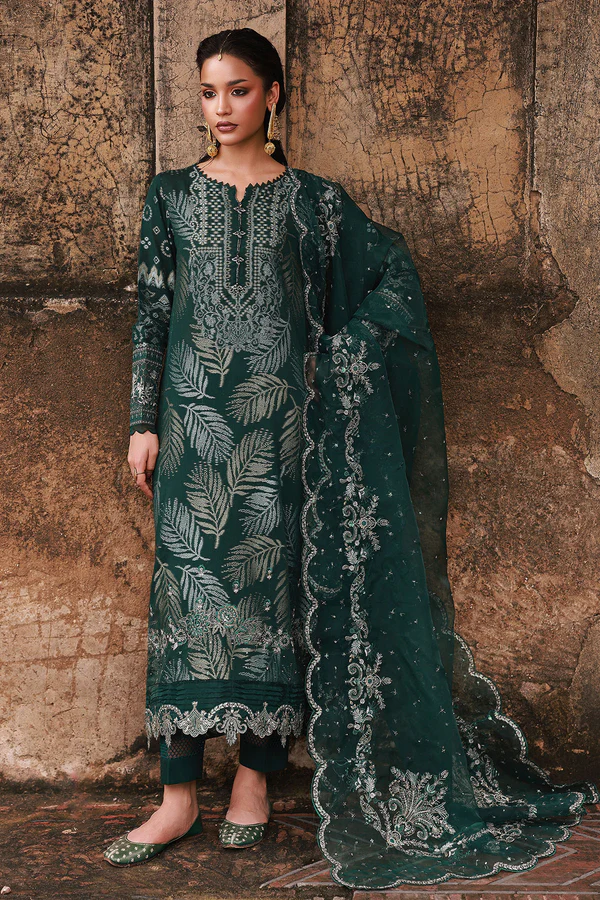 Nureh Maya Lawn Jacquard NJ-105 in dark green with embroidered jacquard shirt, organza dupatta, and cotton trouser. full style