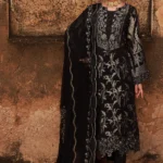 Nureh Maya Lawn Jacquard NJ-106 in black with embroidered jacquard shirt, chiffon dupatta, and cotton trouser.