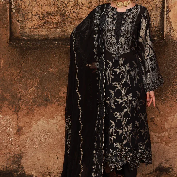 Nureh Maya Lawn Jacquard NJ-106 in black with embroidered jacquard shirt, chiffon dupatta, and cotton trouser.